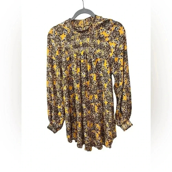 FREE PEOPLE Yellow Flowers in Her Hair Boho Print Smocked Long Tunic Top small - Picture 1 of 8